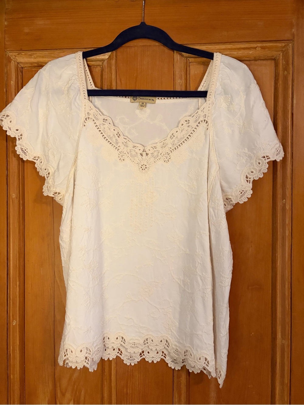 Democracy Ivory Lace-Trim Flutter Sleeve Top